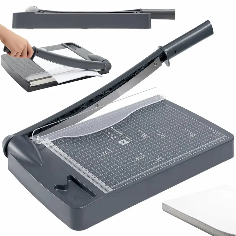 Schwarzer papierschneider mit selbstschärfender klinge, klarem acryllineal und kalibrierter skala für präzises schneiden