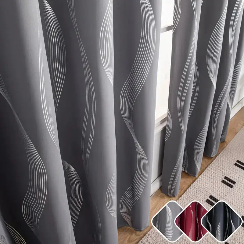 Verdunkelungsvorhänge 2er set 213cm lang mit geometrische wellen-muster silber und blickdichter wärmeisolierung
