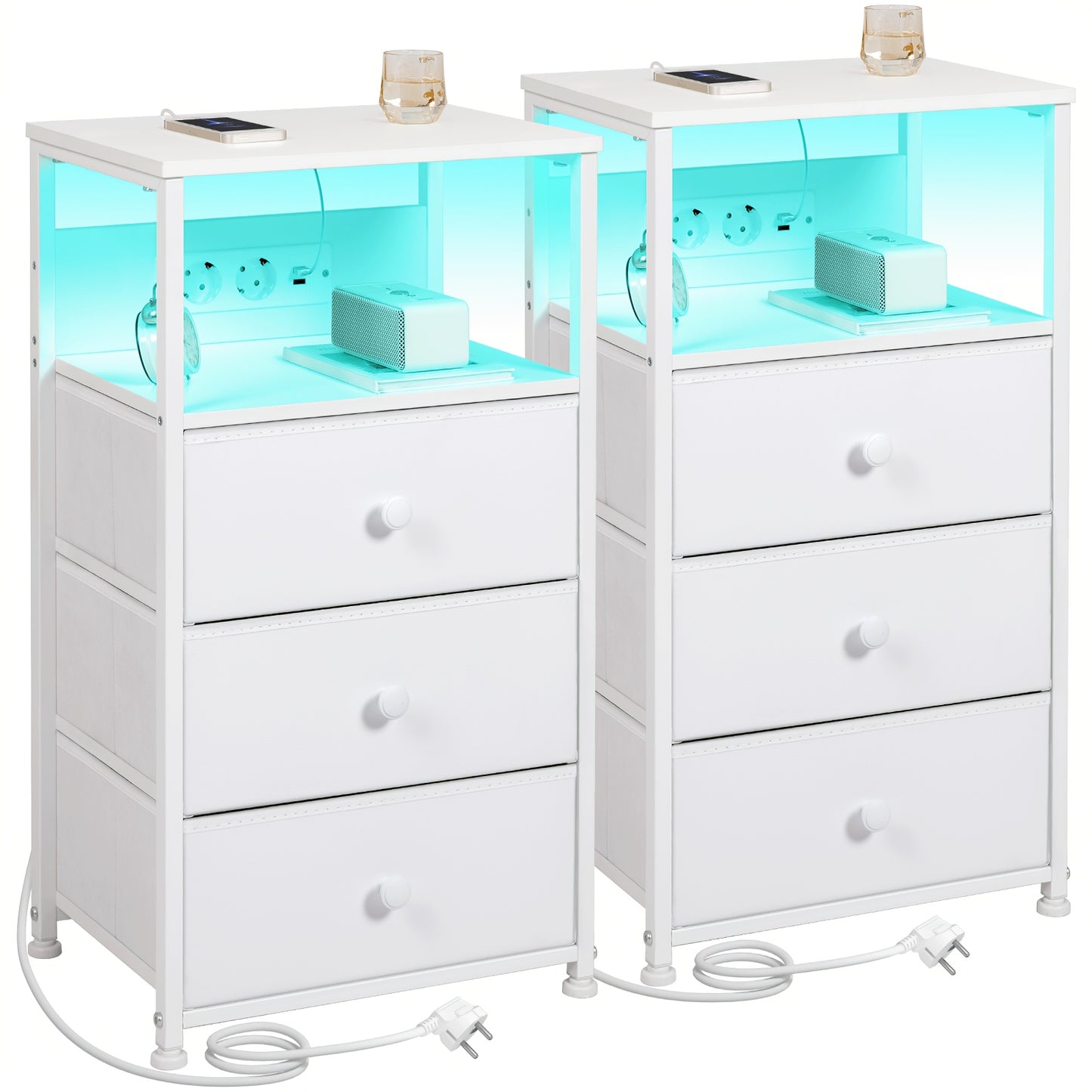 AMHANCIBLE Nachttisch mit LED Beleuchtung und 3 Stoffschubladen