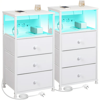 AMHANCIBLE Nachttisch mit LED Beleuchtung und 3 Stoffschubladen