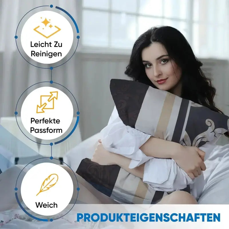 Plüschiges dunkelgrau beige gestreiftes bettwäsche-set 135x200 4-teilig mit schwarzer blumenstickerei