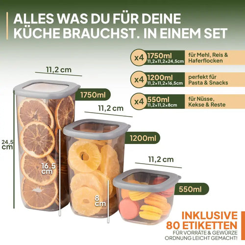Set aus drei klaren kunststoff-vorratsdosen mit grauen deckeln in 12-teiliges vorratsdosen-set luftdicht