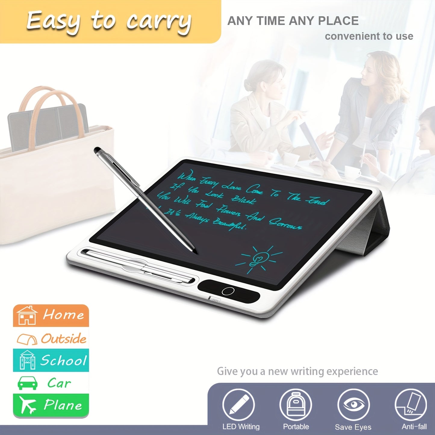 INNoreBoard 9,3" Elektronisches Whiteboard – tragbar mit kapazitivem Stift & Ein-Knopf-Löschung – faltbares Case, 36V Akku – Schwarz für Büro & Schule