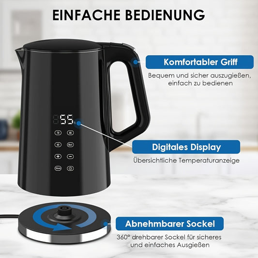 1,7L Edelstahl-Wasserkocher mit digitaler Temperaturregelung (40–100 °C), doppelwandig isoliert, BPA-frei, Trockenlaufschutz – für Haushalt & Gewerbe