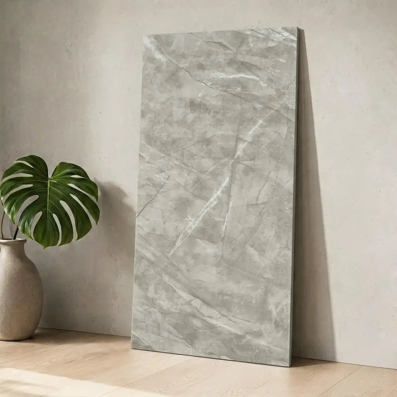 Ein grauer marmoroptik wandfliesen aufkleber selbstklebend mit weißer veining und glänzender oberfläche 60x30 cm