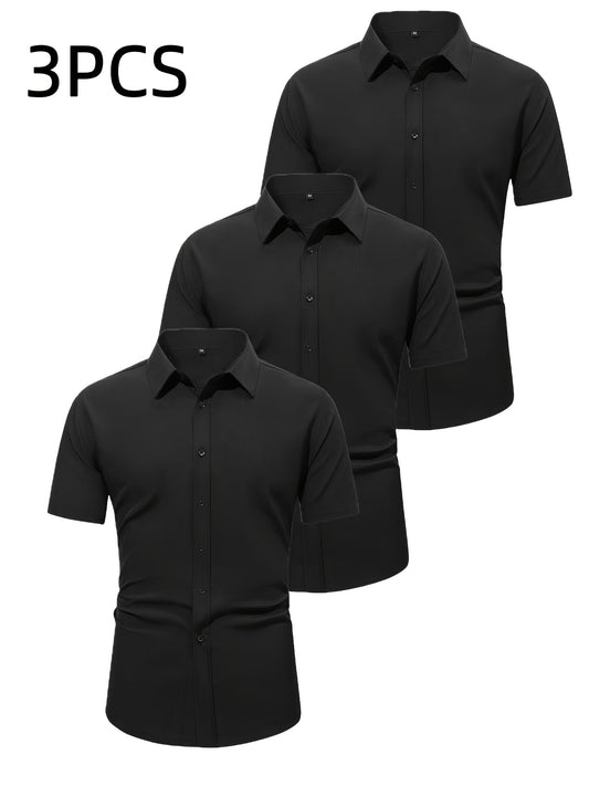 3er-Set Herren Sommerhemden – Ice-Silk-Stoff, atmungsaktiv, leicht & elegant, einfarbig, knitterfrei, ideal für Büro, Party & Freizeit