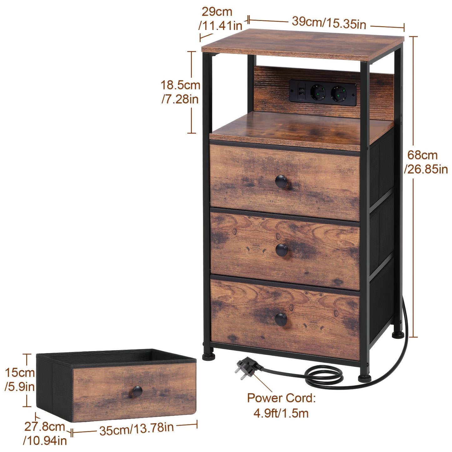 AMHANCIBLE Nachttisch mit LED Beleuchtung und 3 Stoffschubladen