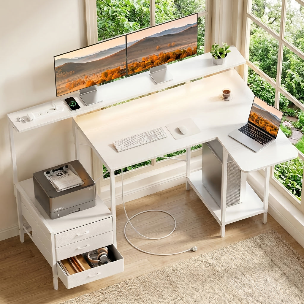 Gaming-Schreibtisch 140 cm mit LED-Beleuchtung & Steckdose – Monitorständer, 3 Stoffschubladen, klappbares Regal