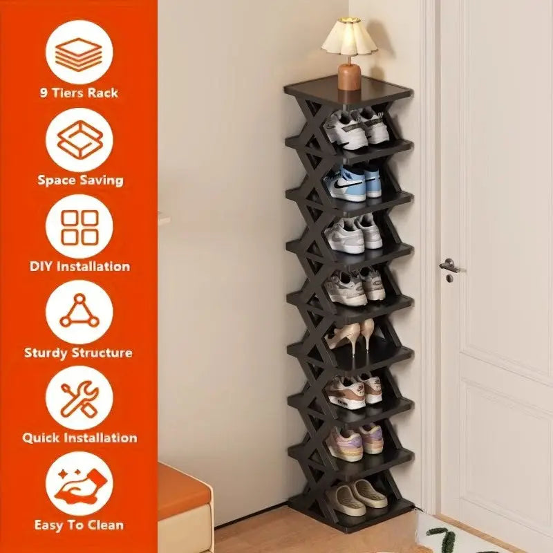 Schuhregal freistehend 9 etagen schmal kunststoff in schwarz mit platzsparendem zigzag design für flur und garderobe