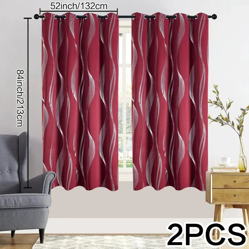 Verdunkelungsvorhänge 2er set mit geometrische wellen-muster silber in rot, 213cm lang, blickdicht und wärmeisolierend