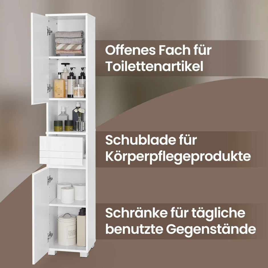 Badezimmerschrank 30x30x170 cm – Modernes Badmöbel mit Schublade, verstellbaren Regalen & offenem Fach - FUXLShop
