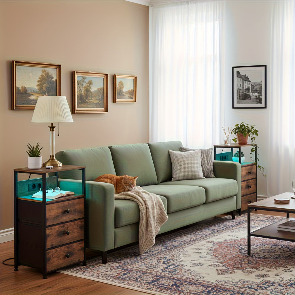 AMHANCIBLE 2er Set Nachttische mit 3 Stoffschubladen, LED-Beleuchtung & Ladefunktion – Modern & Praktisch