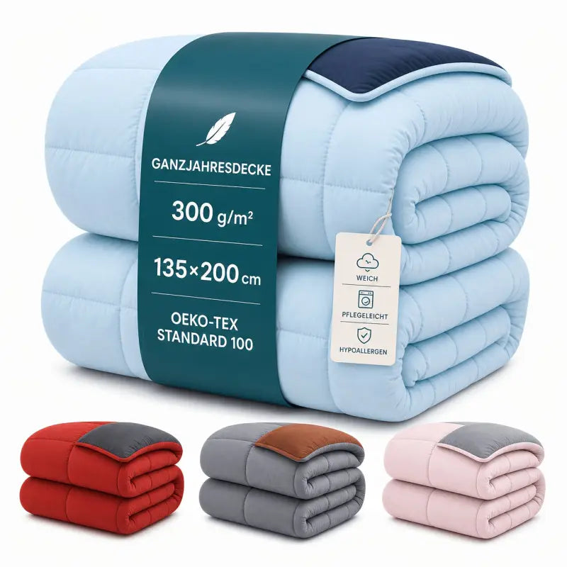 Lightblaue mikrofaser ganzjahresdecke mit dunkelblauem akzentpanel und oeko tex zertifikat online bestellen günstige angebote