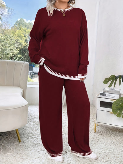 Plus Size Damen Outfit – Braun & Colorblock Sweater & Hose Set | Stretch, Rundhals, Langarm, All Season Casual Look