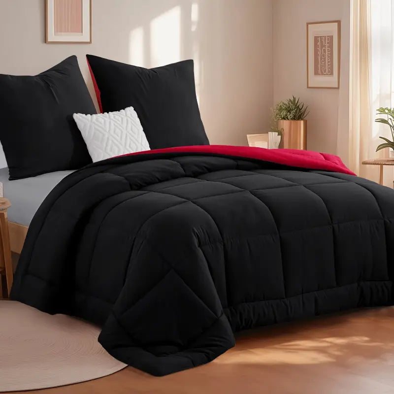 Schwarzes wendbares steppdecken-set mit roter innenseite und kissenbezügen 80x80 cm ganzjahresdecke online bestellen geschenkideen