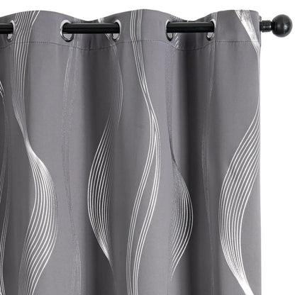 Verdunkelungsvorhänge mit Ösen - Geometrische Wellen-Muster Silber - 213cm Lang, Blickdicht & Wärmeisolierend (2er Set) - FUXLShop