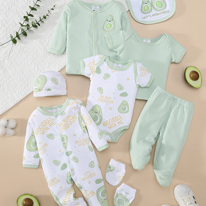 8-teiliges Baby-Set für Jungen & Mädchen – weiches Cartoon-Avocado-Design für Frühling & Sommer – Strampler, Mütze, Lätzchen, Socken, Hose, Jacke, Shirt & Body - FUXLShop