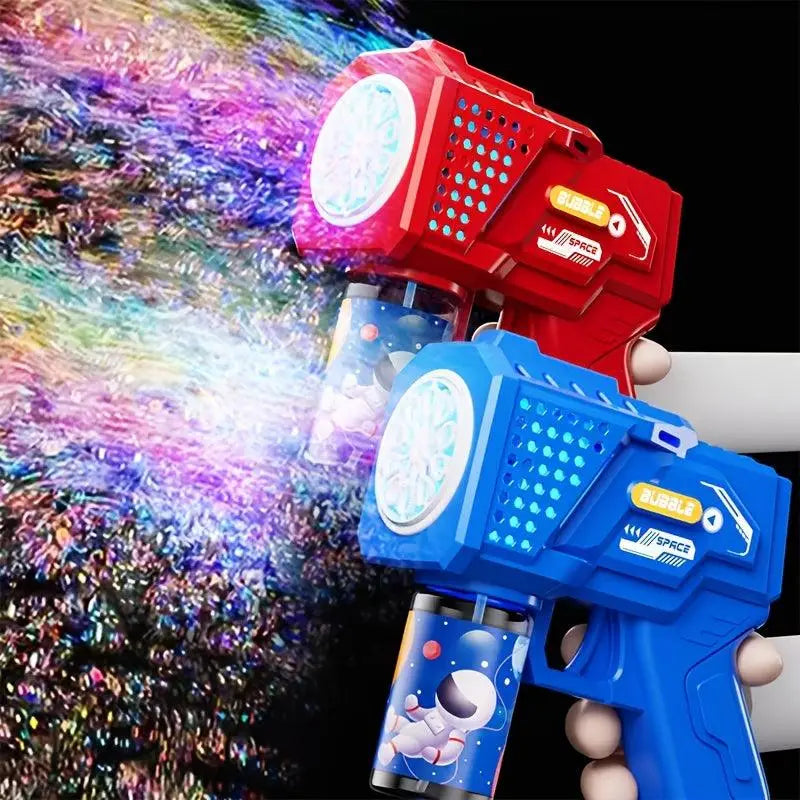 Elektrische bubble gun in rot und blau mit seifenblasenmaschine led bubble funktionen und bubli space branding
