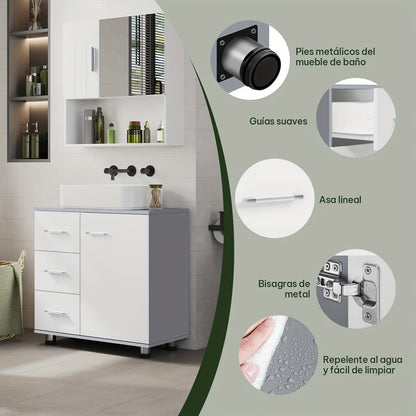 Waschtisch-Unterschrank 60x60x30cm Weiß-Grau - 3 Schubladen & 2 Fächer