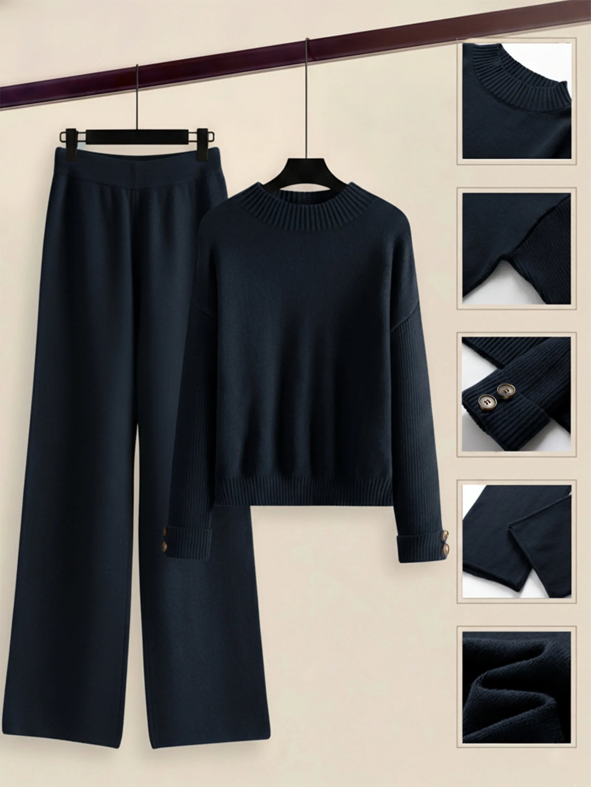 Damen Zweiteiler-Set mit Seitenstreifen – Rundhals Pullover & Gerade Hose, Weiche Freizeitkleidung für Herbst & Winter - FUXLShop