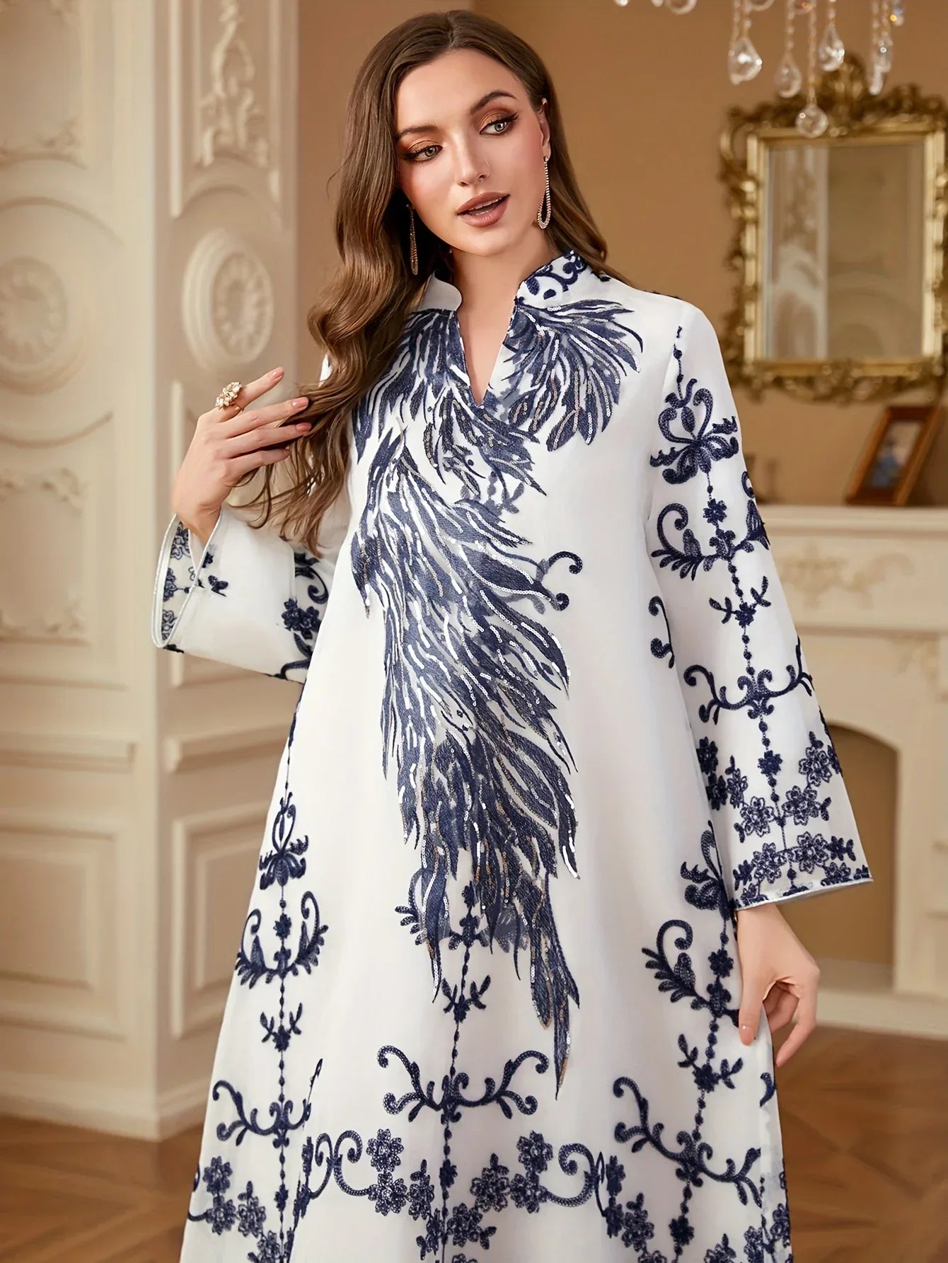 Elegantes Pailletten-Abendkleid mit Stehkragen - Langarm Maxi-Kleid für festliche Anlässe - FUXLShop