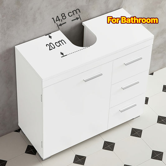 Badezimmer-Unterschrank mit 3 Schubladen & 2 Türfächern - 30x70x64 cm, Weiß, MDF-Holz