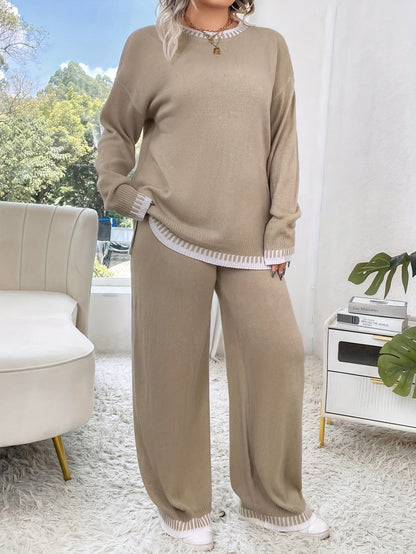 Plus Size Damen Outfit – Braun & Colorblock Sweater & Hose Set | Stretch, Rundhals, Langarm, All Season Casual Look