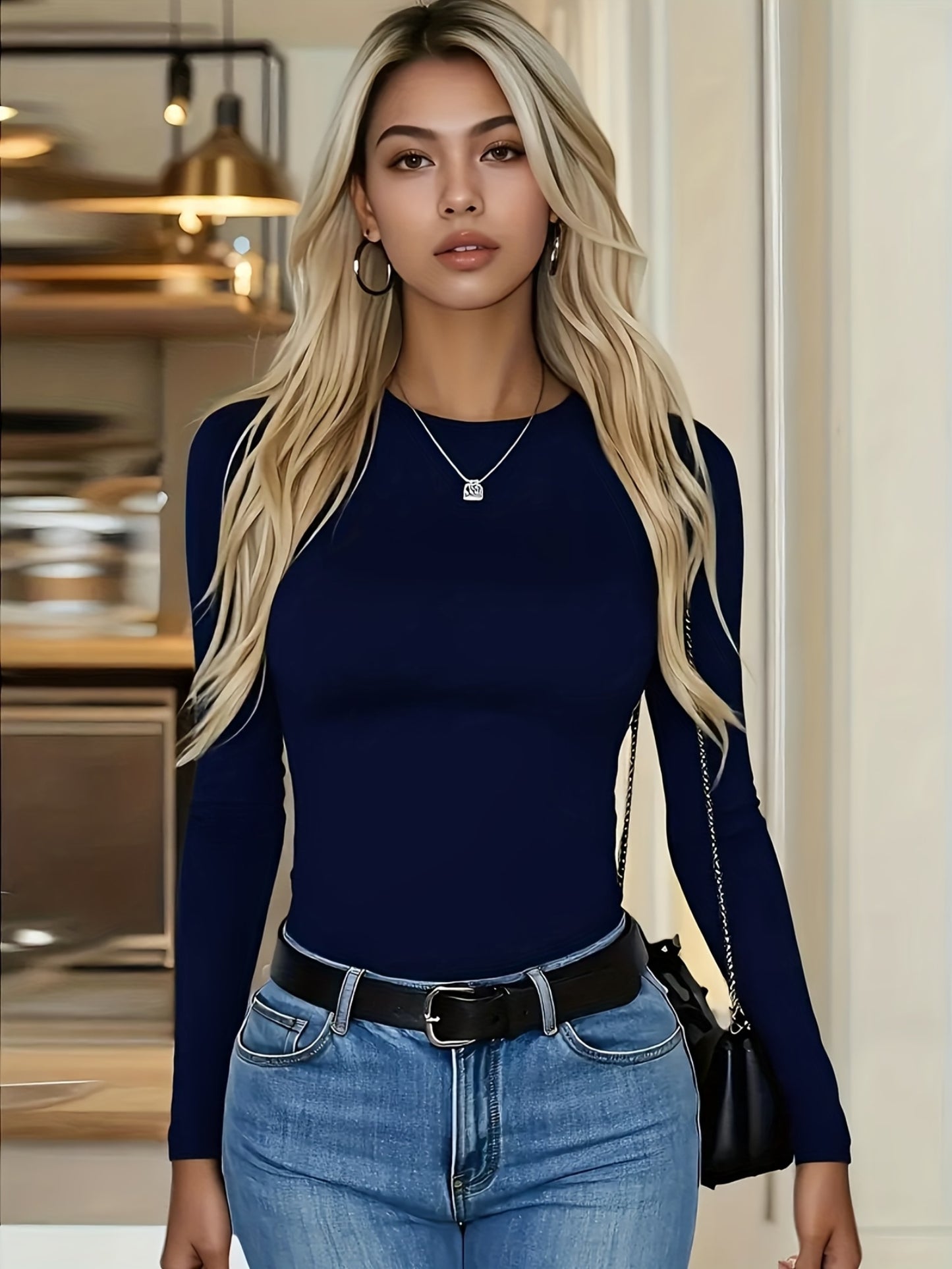 4er-Pack Damen Langarmshirts Rundhals – Stretch Basic-Tops Uni-Farben