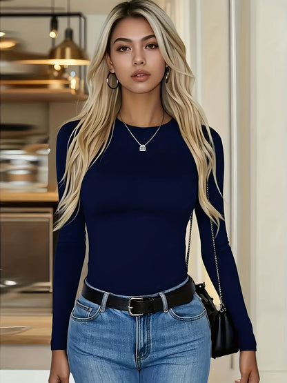 4er-Pack Damen Langarmshirts Rundhals – Stretch Basic-Tops Uni-Farben