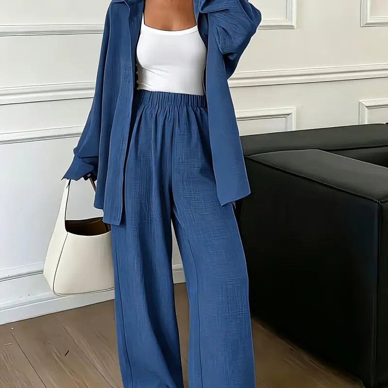 Blau strukturierte leinenhose mit elastischem bund im elegantes damen-set für frühjahr herbst