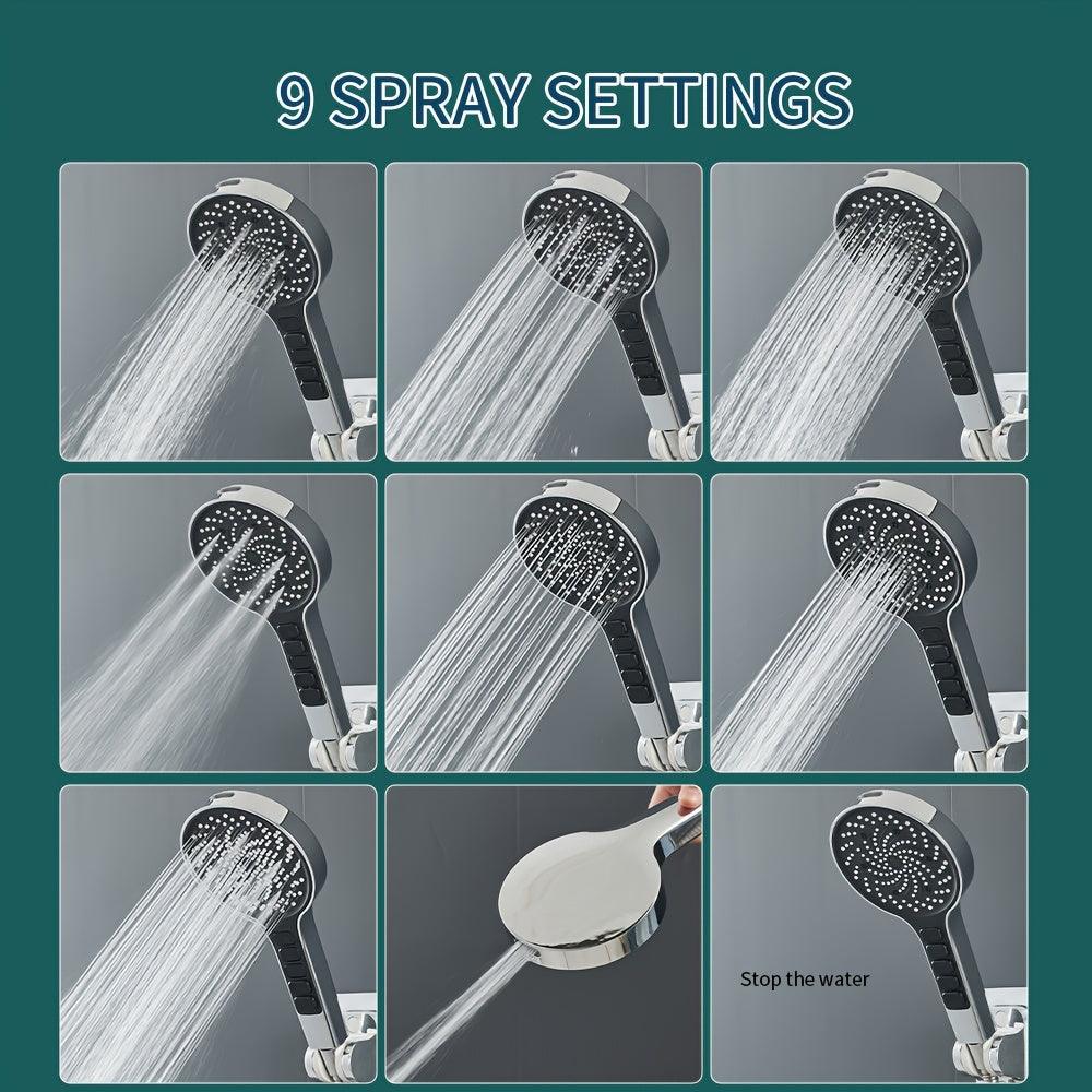 Hand shower with 9 spray patterns – Square, Wall-mounted, High-pressure shower head