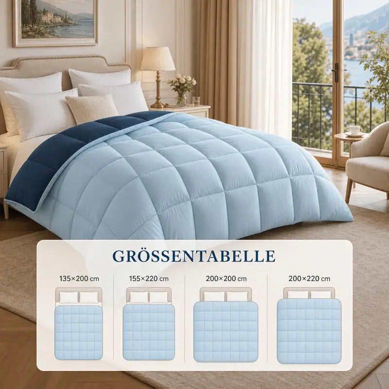Leicht blaue mikrofaserdecke mit marineblauem rand und diamantsteppung für allergiker online bestellen günstig