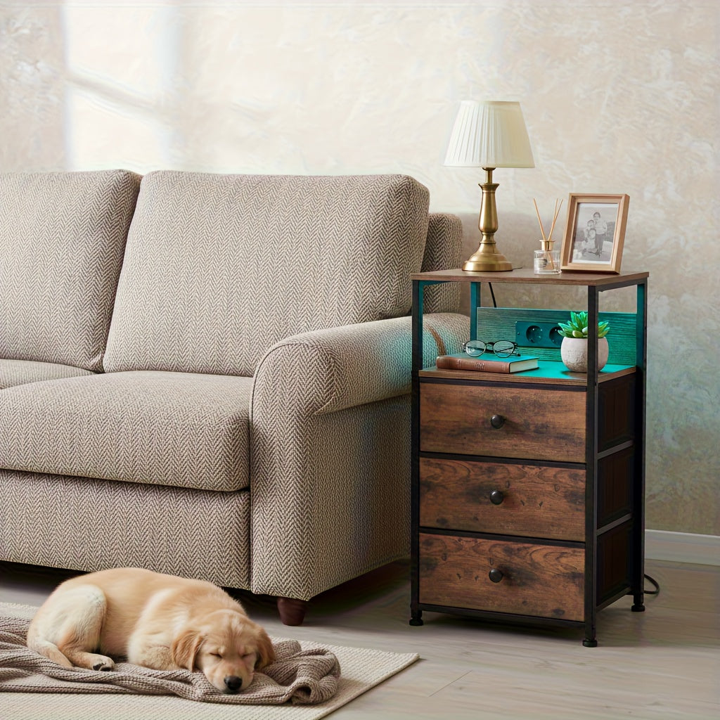 AMHANCIBLE Nachttisch mit LED Beleuchtung und 3 Stoffschubladen