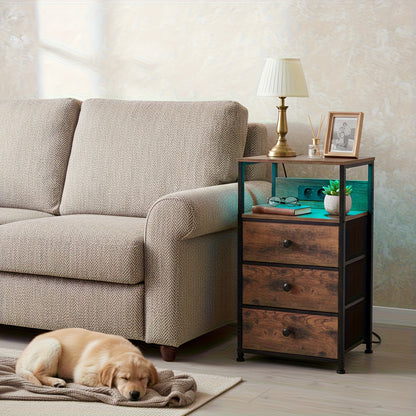 AMHANCIBLE Nachttisch mit LED Beleuchtung und 3 Stoffschubladen