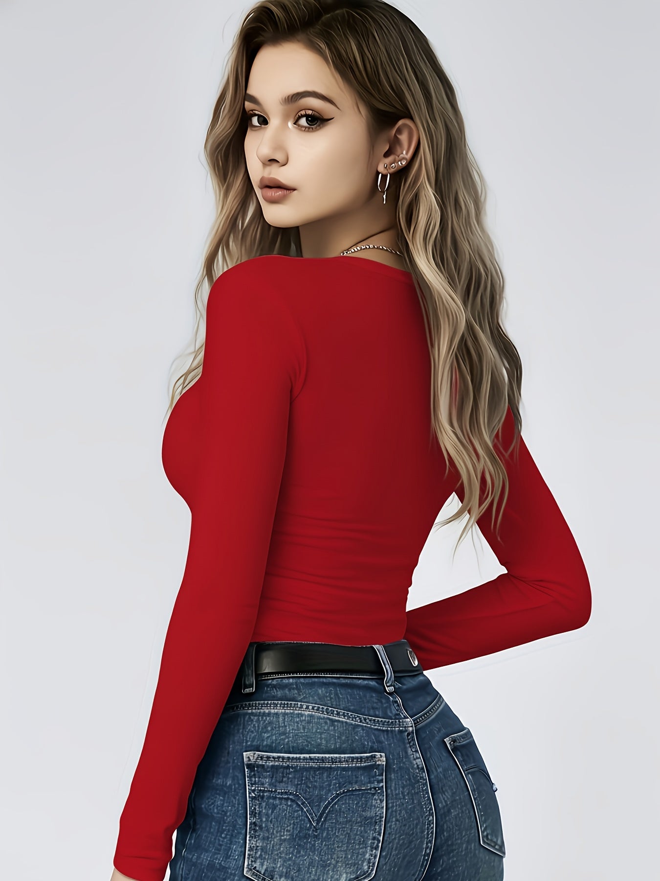 4er-Pack Damen Langarmshirts Rundhals – Stretch Basic-Tops Uni-Farben