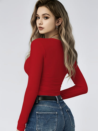 4er-Pack Damen Langarmshirts Rundhals – Stretch Basic-Tops Uni-Farben