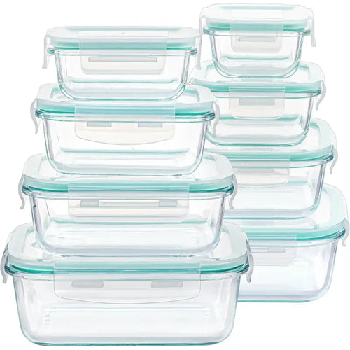 16-teiliges glasbehälter-set mit lichttürkisen silikon lids und weißen clips aus borosilikatglas online bestellen günstige angebote