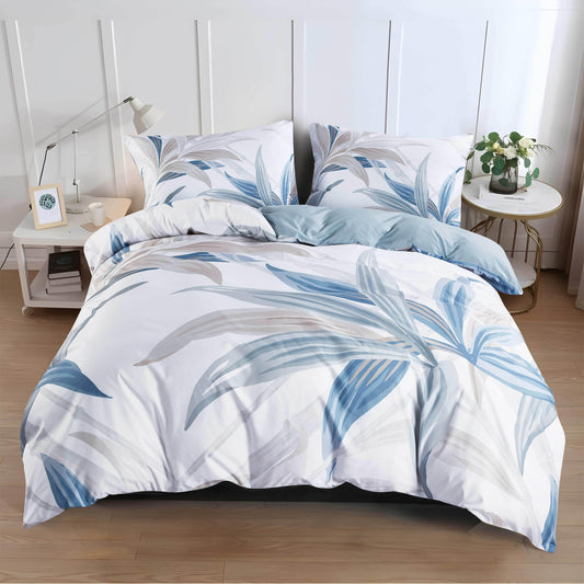 Bettwäsche-Set Nordic Blau-Grau Blatt-Motiv - 1 Bettbezug + 1-2 Kissenbezüge, Hochwertig Bedruckt (2-3 Teilig) - FUXLShop