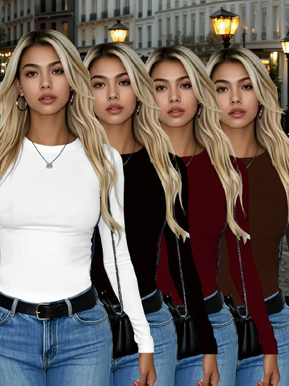 4er-Pack Damen Langarmshirts Rundhals – Stretch Basic-Tops Uni-Farben