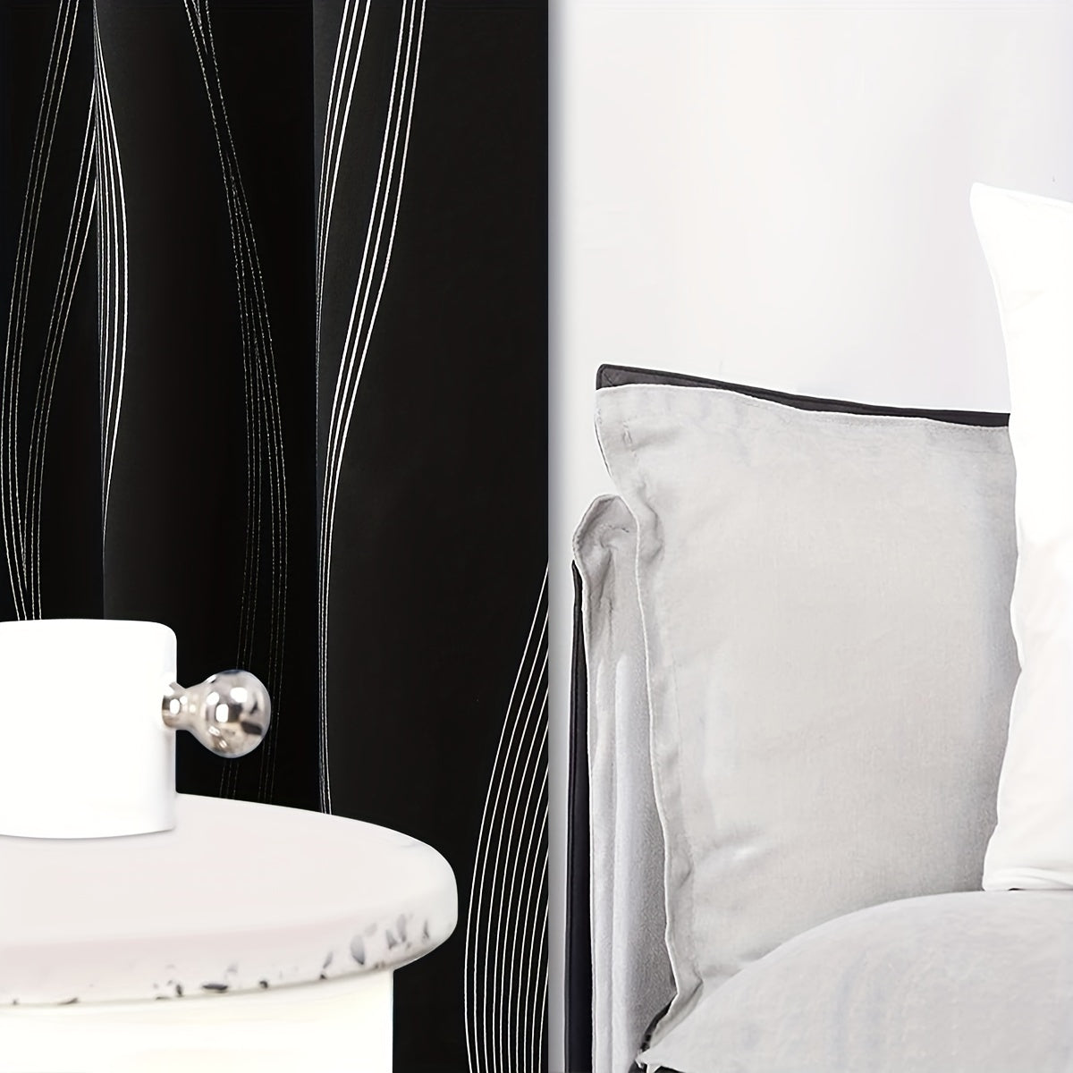 Verdunkelungsvorhänge Schwarz-Weiß Wellenmuster 2er Set - Ösenvorhänge