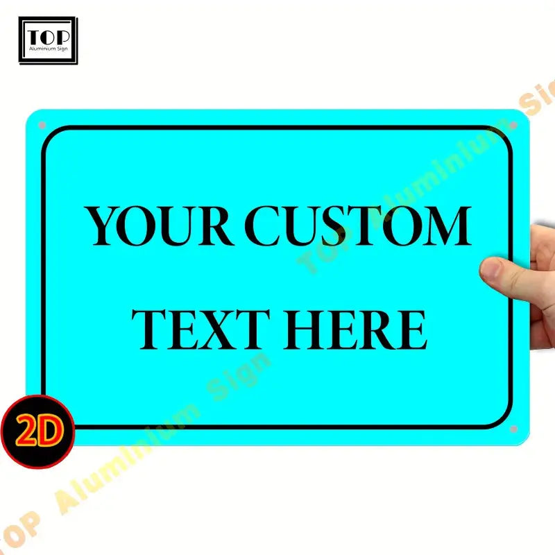 Personalisiertes 2d-wandschild aluminium in leuchtendem türkis mit schwarzem rahmen und individuell bedrucktem text