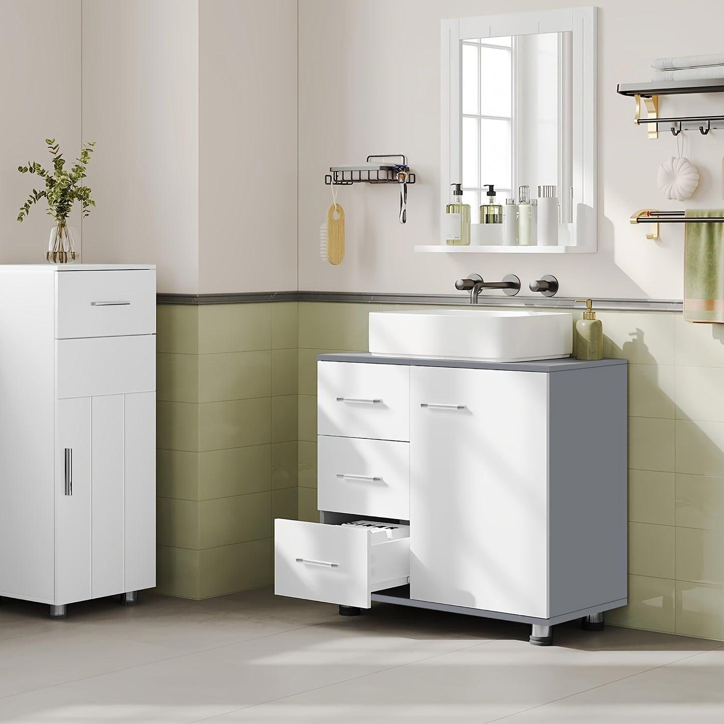 Waschtisch-Unterschrank 60x60x30cm Weiß-Grau - 3 Schubladen & 2 Fächer