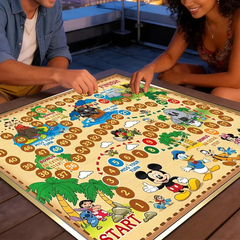 Colorful cartoon tischdecke tischspiel with disney characters including donald duck on a light brown playing surface