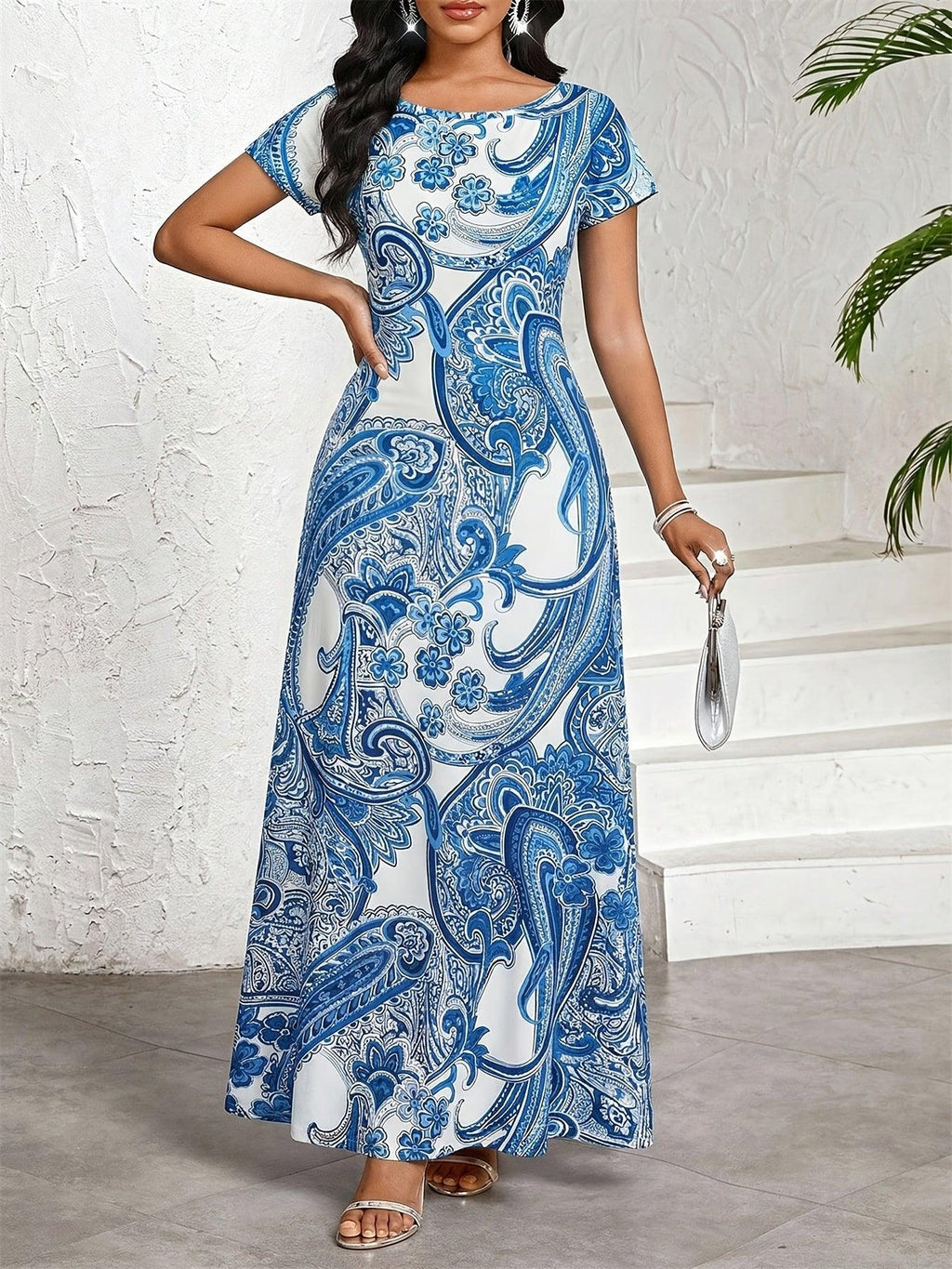 Damen Elegantes Bedrucktes Maxikleid – Rundhals, Kurzarm, Sommerkleid A-Linie