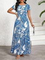 Damen Elegantes Bedrucktes Maxikleid – Rundhals, Kurzarm, Sommerkleid A-Linie