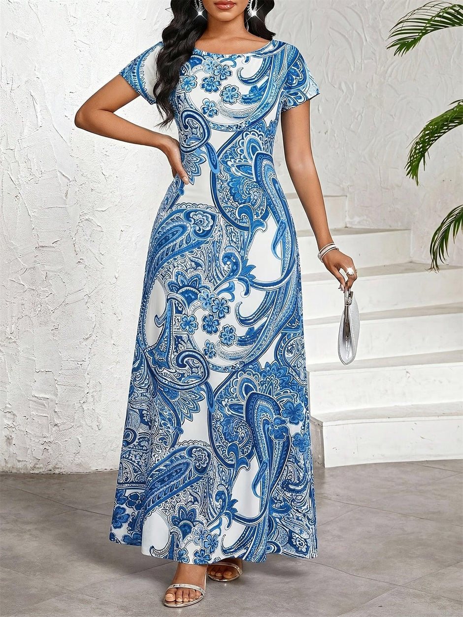 Damen Elegantes Bedrucktes Maxikleid – Rundhals, Kurzarm, Sommerkleid A-Linie