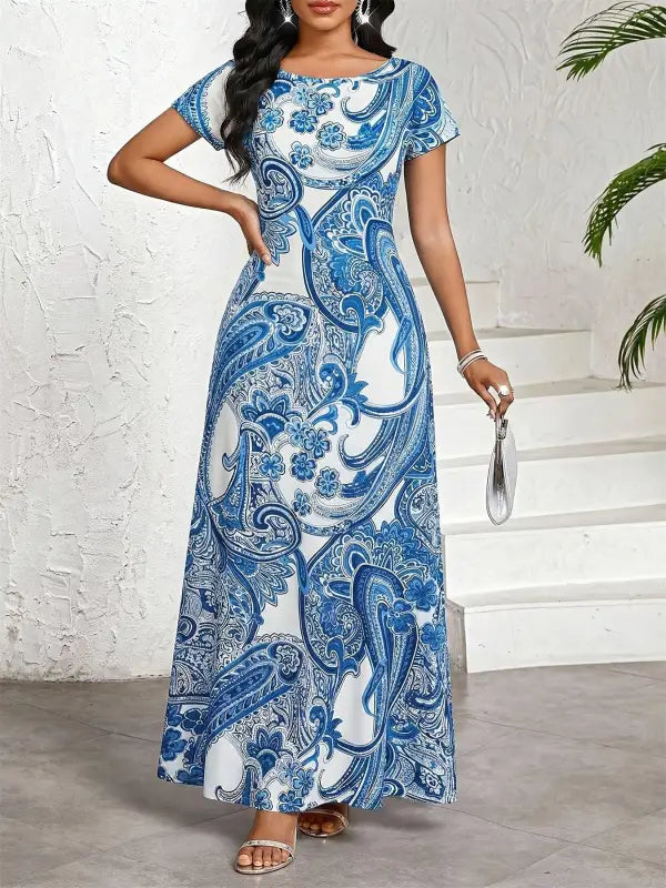 Damen elegantes bedrucktes maxikleid blau weiß paisley kurzarm sommer leicht und fließend
