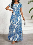 Damen elegantes bedrucktes maxikleid blau weiß paisley kurzarm sommer leicht und fließend
