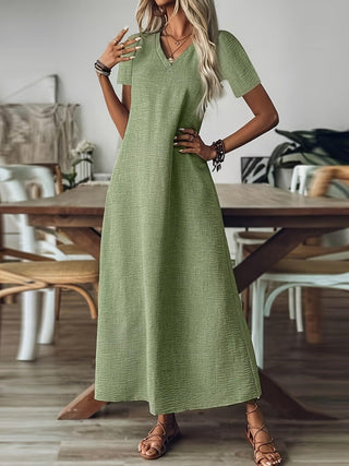Elegantes Damen Maxikleid – V-Ausschnitt, Reißverschluss, Kurzarm, Bodenlang