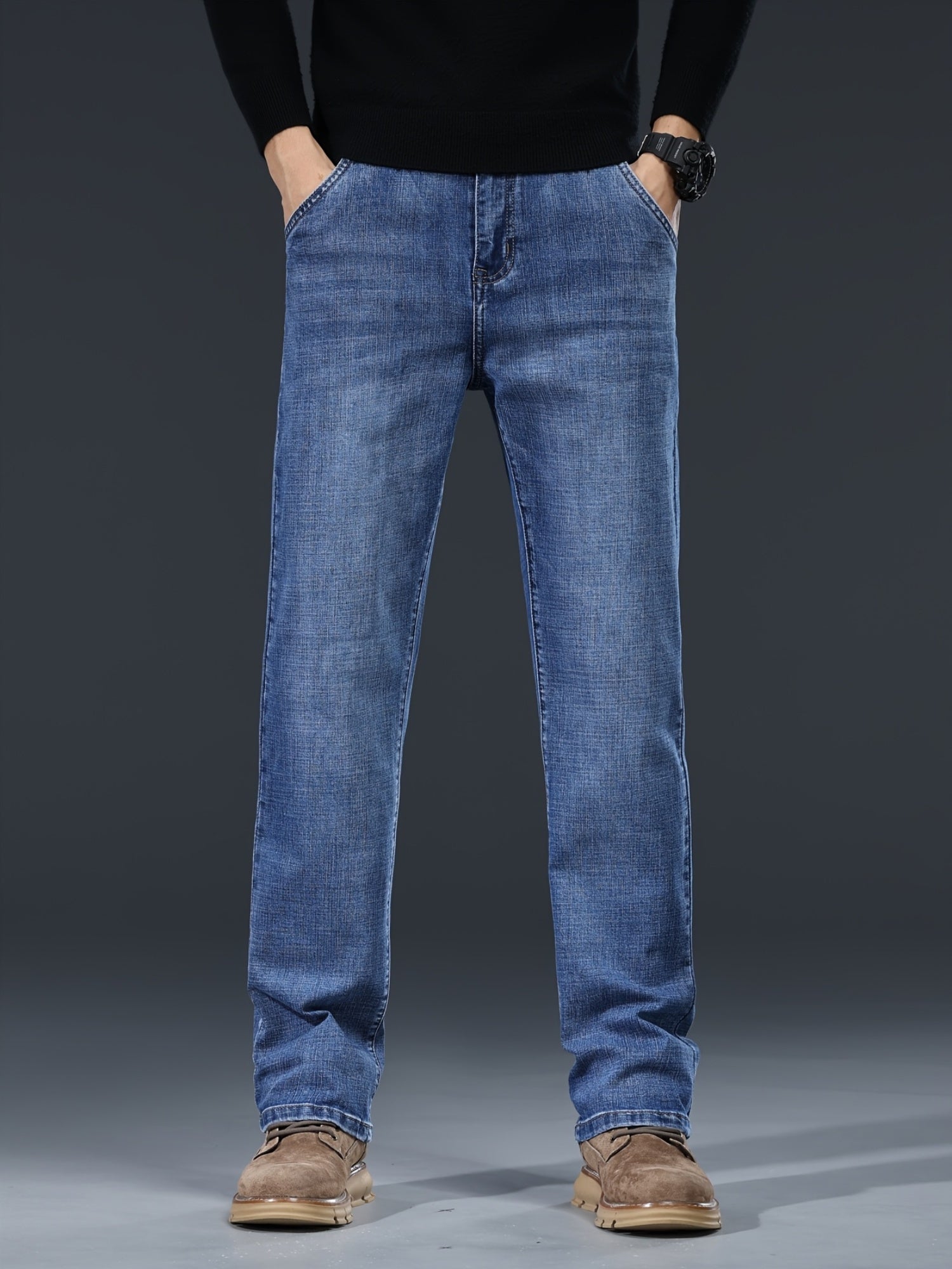 Herren Casual Jeans Loose Fit – Gerade Hose, gewaschen, Reißverschluss, Baumwolle